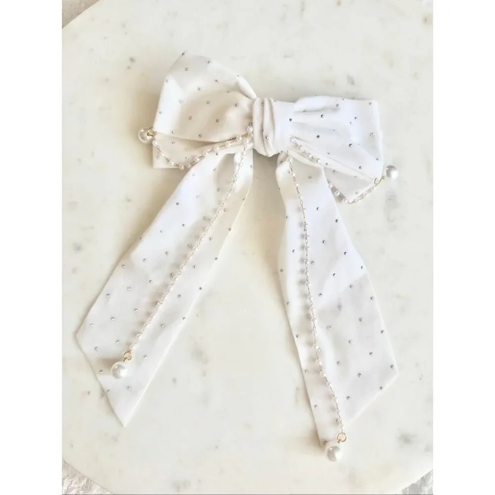 Elegant Pearl Chain Rhinestone Bow Hair Clip — Bridal / Coquette